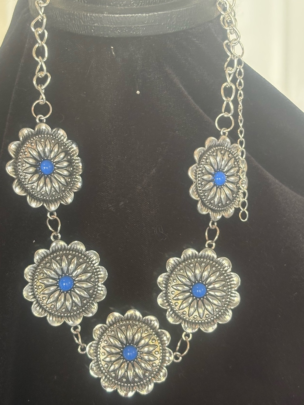 Silver Floral Statement Necklace with Blue Cabochons